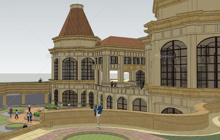 意式古典风格会所和下沉式广场sketchup模型