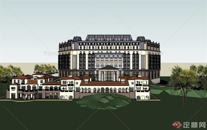 西式风格多层酒店建筑Sketchup草图大师模型[原创