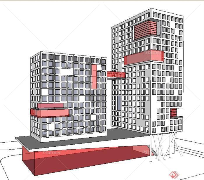 极富现代感办公+酒店建筑项目方案SU精致设计模型