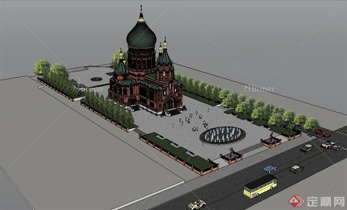 哈尔滨圣索菲亚大教堂建筑及广场设计su模型[原创