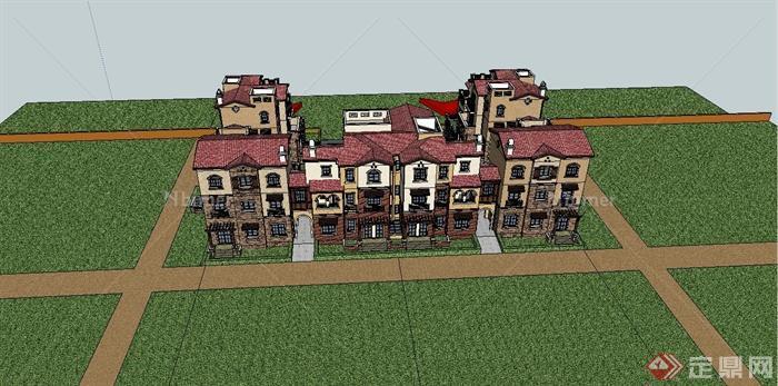 某精致西班牙风格联排别墅区建筑设计SU模型[原创