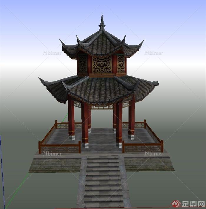 古典中式六角景观重檐亭设计SU模型