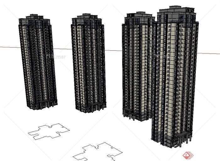 四栋高层住宅小区建筑楼设计SU草图大师模型[原创