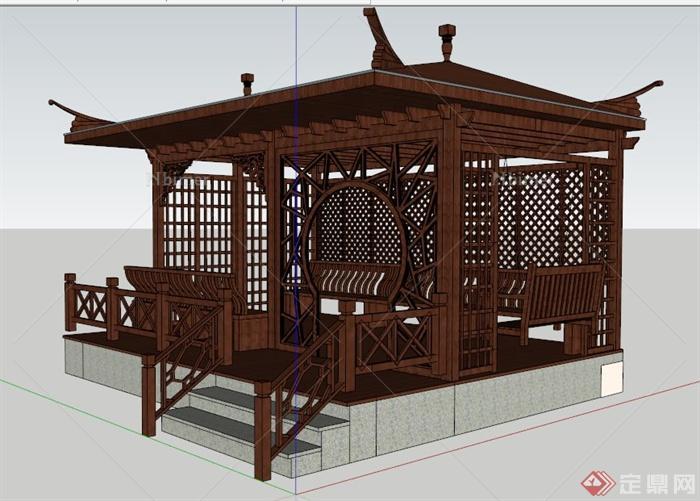 现代中式风格休闲凉亭木亭设计su模型