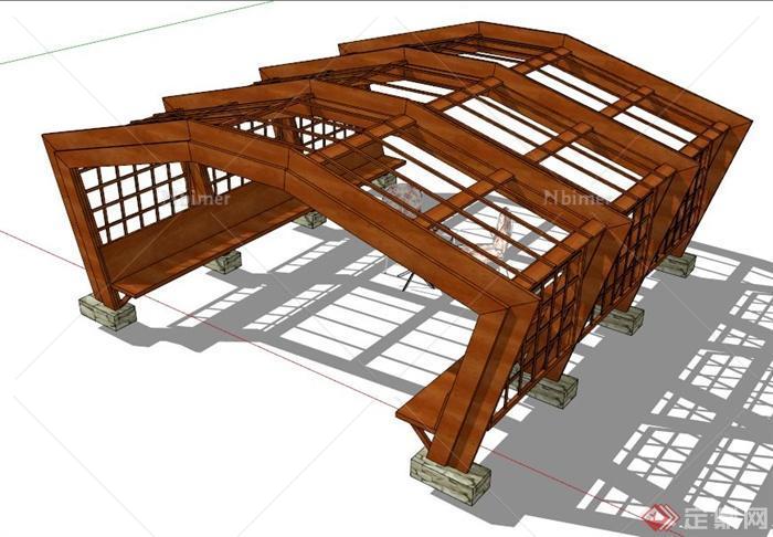 木制多边形廊架花架设计su模型