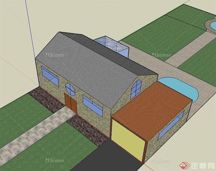 某二层住宅建筑设计SU模型（带车库和阳光房）