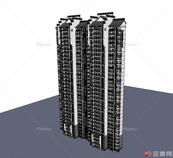 现代中式风格详细精致高层住宅建筑楼设计SU模型