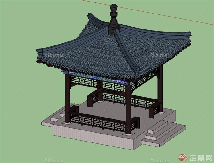 中式瓦顶四角亭设计SU模型