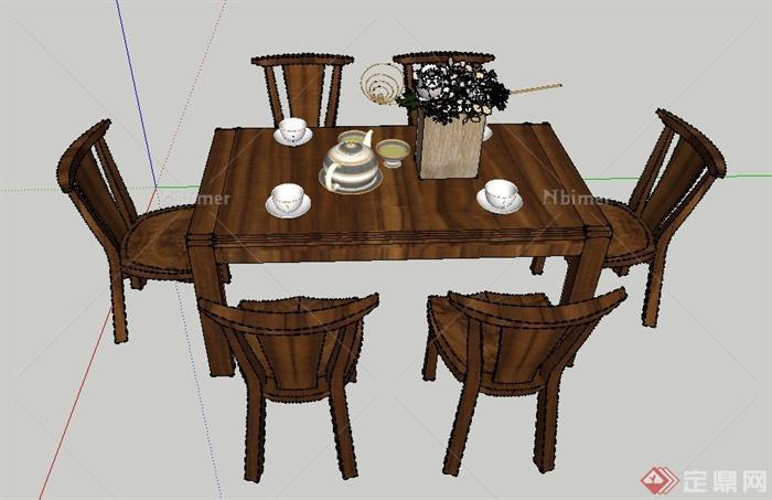 某室内木质原木色六人餐桌椅设计SU模型