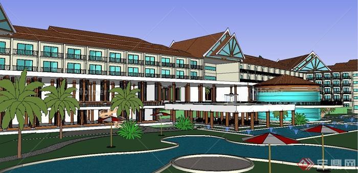 某东南亚风格五星级度假酒店建筑设计SU模型[原创