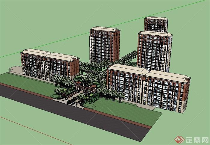 某西班牙风格小区住宅楼及小区大门设计su模型[原