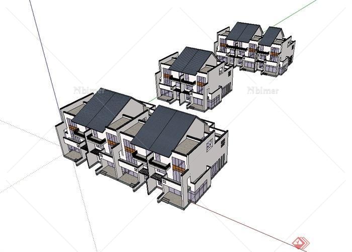 新中式风格联排别墅设计su模型[原创]
