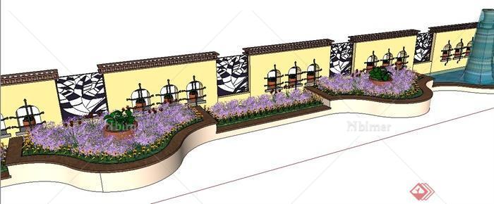 新古典风格围墙、水景、花坛、大门组合su模型