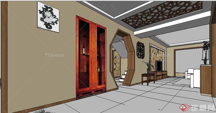 某中式风格复式住宅客厅餐厅室内设计SU模型[原创