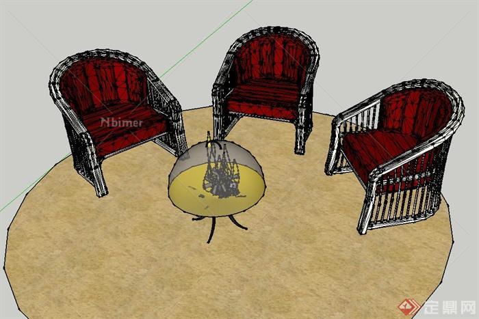室内三个椅子与小型壁炉设计SU模型