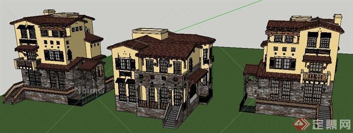 三栋独栋别墅设计建筑SU模型