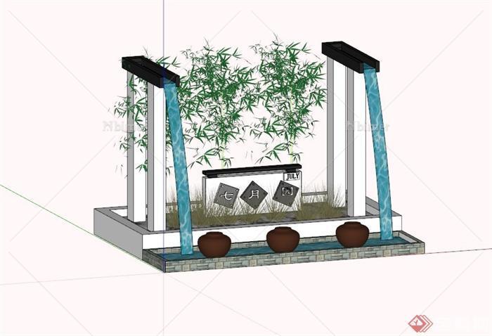 现代中式入口水池景观SU模型