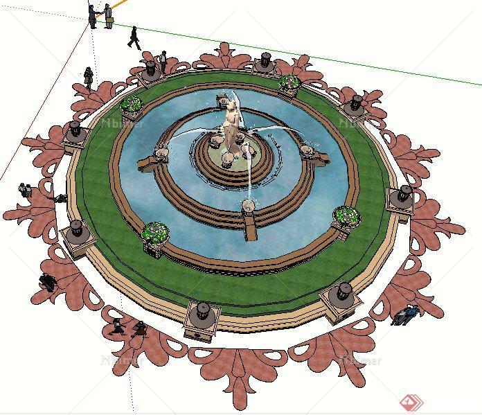 欧式风格圆形雕塑喷泉水景su模型