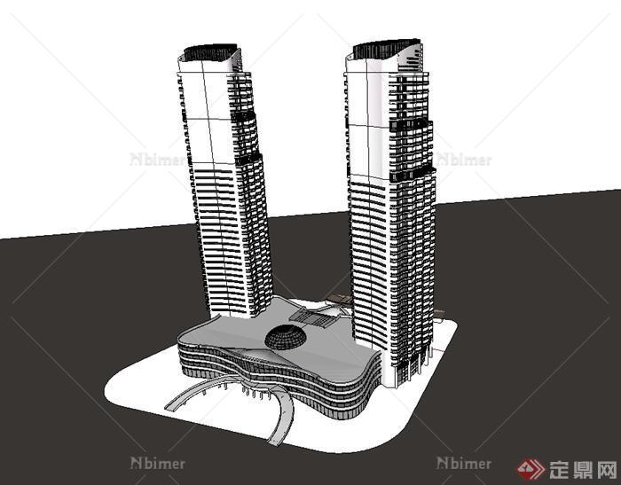 某现代风格详细高层双塔办公楼楼设计su模型[原创
