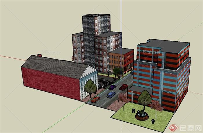 某三岔路口街道综合建筑设计SU模型