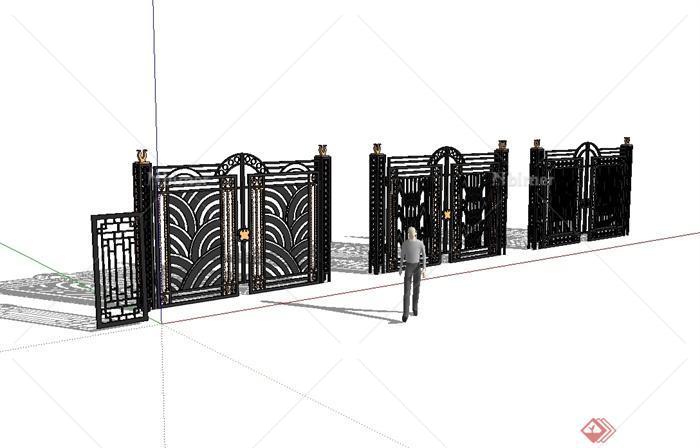 三种不同的欧式风格铁艺围墙设计su模型[原创]