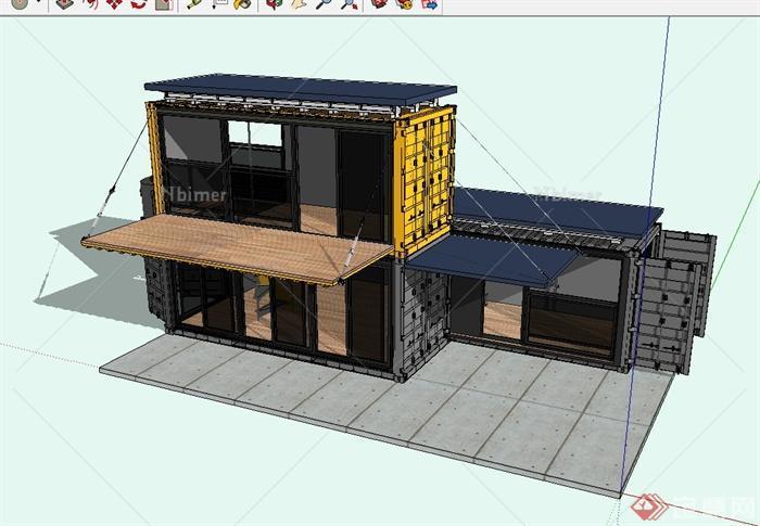 现代风格以集装箱为元素别墅建筑设计SU模型[原创