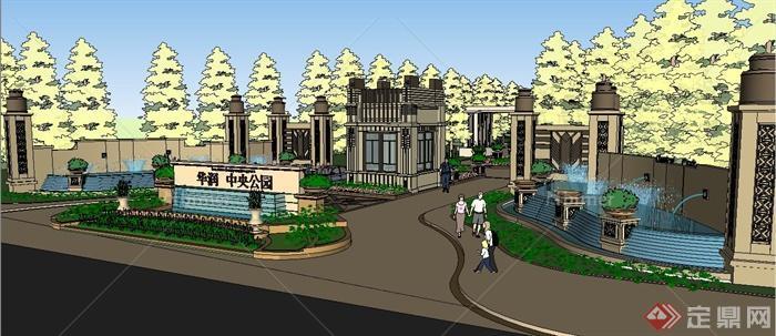 新古典风格公园入口及主干道景观设计su模型