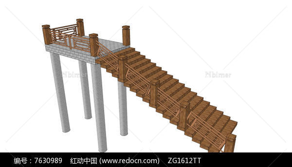 古典中式观景木平台楼梯护栏SU