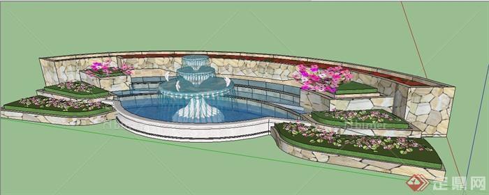 现代风格组合喷泉水景及花池su模型