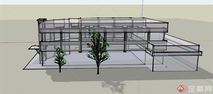 某现代玻璃墙制单层办公建筑SU模型