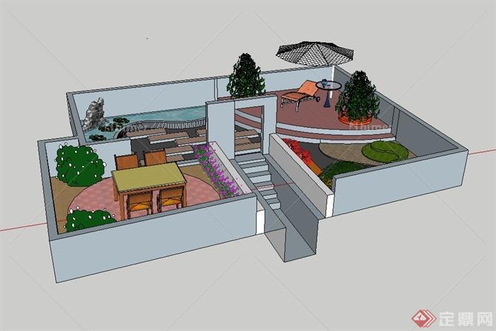 现代风格住宅屋顶庭院设计SU模型[原创]