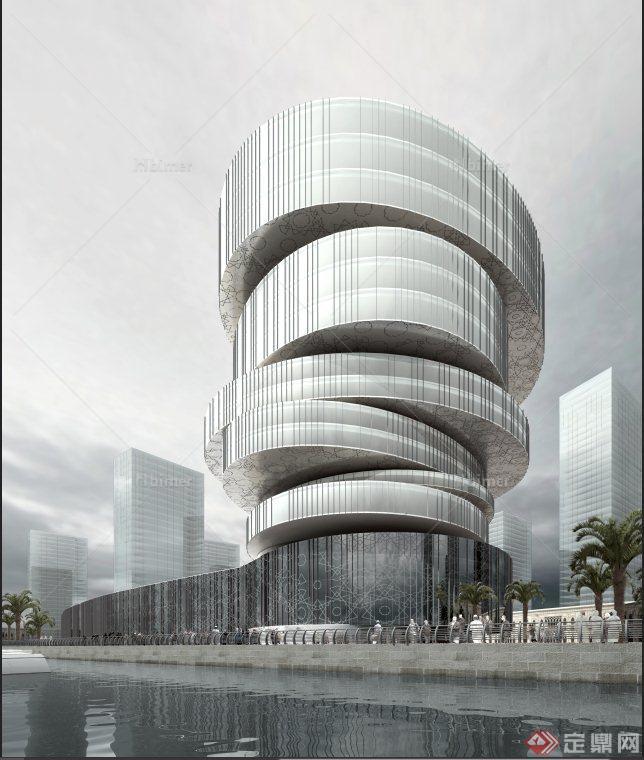 某现代风格螺旋式高层办公建筑设计3DMAX木质与P