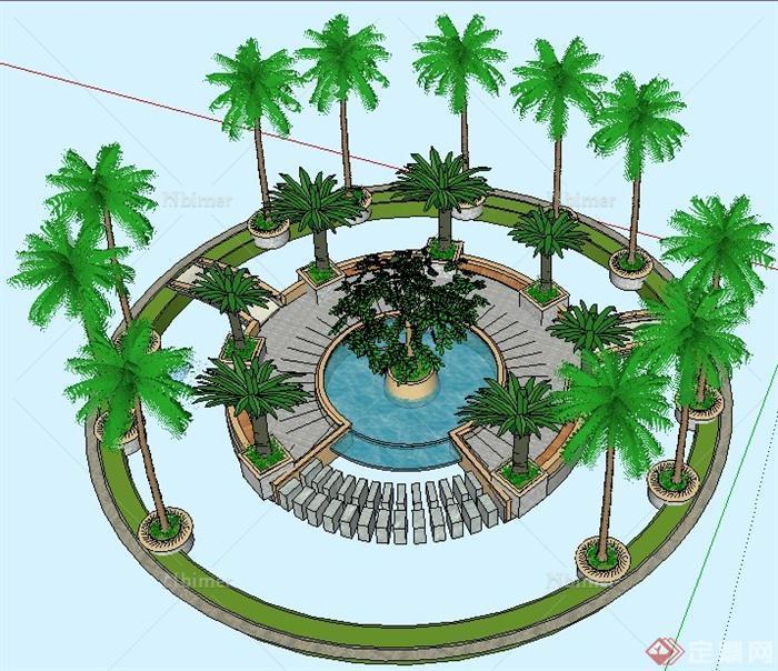 现代风格圆形组合景观水池su模型