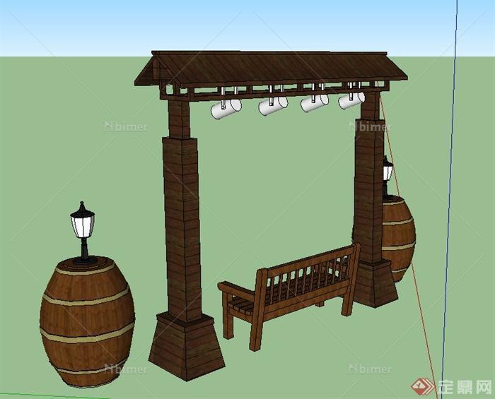 园林景观节点木质门廊、坐凳等设计SU模型