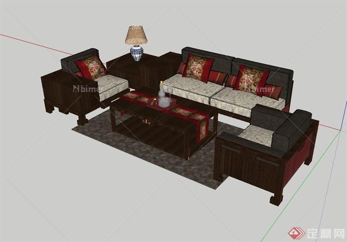 现代中式风格客厅沙发茶几组合设计su模型