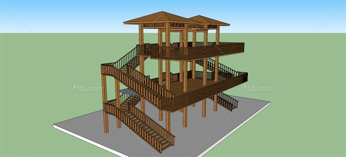 某中式风格木制观景台设计su模型