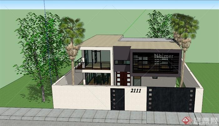 现代某两层住宅建筑周边景观设计SU模型
