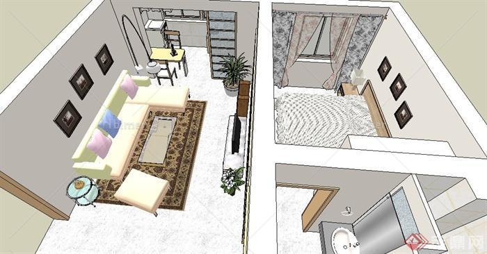 现代风格住宅客厅、卧室、卫生间室内设计su模型