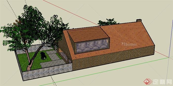 某现代风格单层自建住宅建筑带小庭院设计SU模型