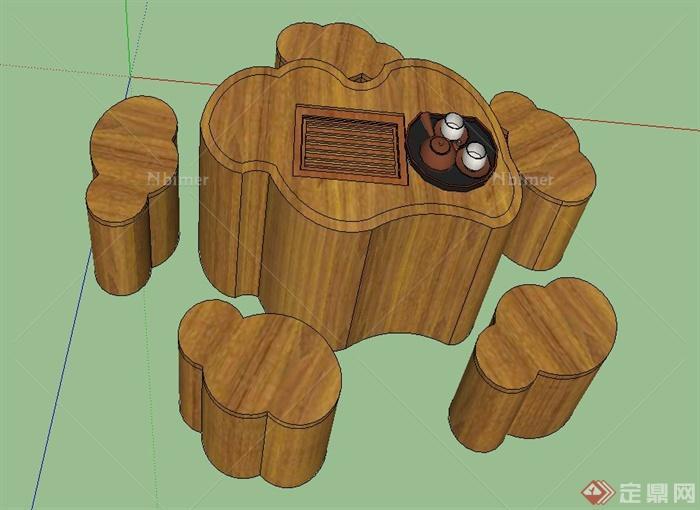 室内四人木质茶桌凳设计SU模型