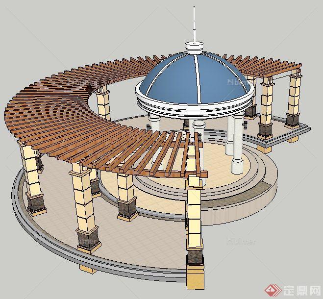 欧式风格圆顶亭及弧形廊架组合su模型