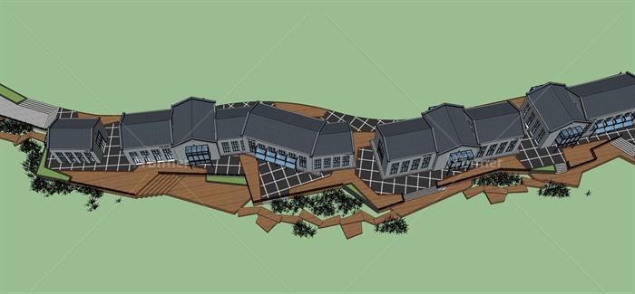 现代中式风格沿湖商业街建筑设计su模型[原创]