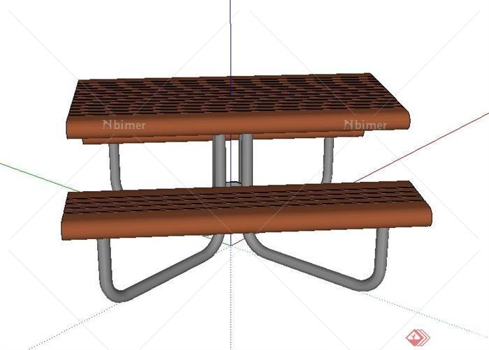 木质长方形连体桌椅设计SU模型[原创]