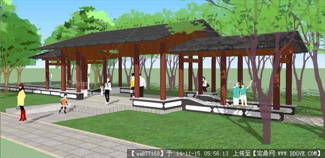 中式景观亭廊精细SU设计模型