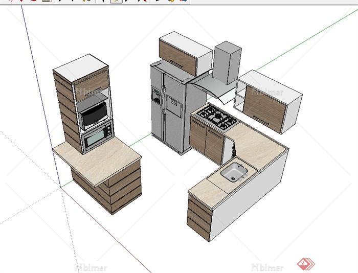 现代风格室内厨房整体橱柜设计SU模型[原创]