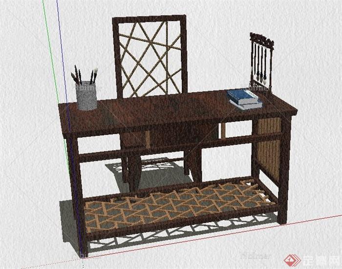 中式木质书桌椅组合su模型[原创]