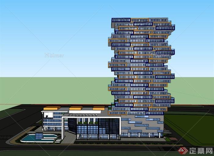 现代某高层积木L形办公建筑设计SU模型