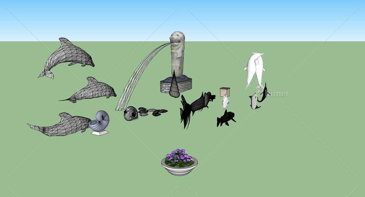 现代鱼动物雕塑设计(105313)su模型下载