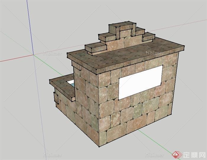 某现代风格砖砌景墙水景喷泉设计SU模型[原创]