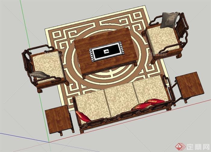室内中式木质沙发茶几设计SU模型